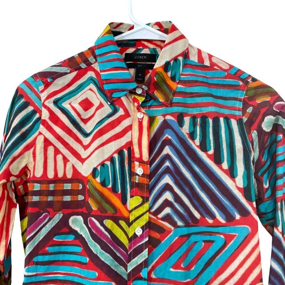 J.Crew  Women's Size 0 Boy Shirt in Geo Brush Stroke Rainbow Button Front Blouse - Picture 4 of 6